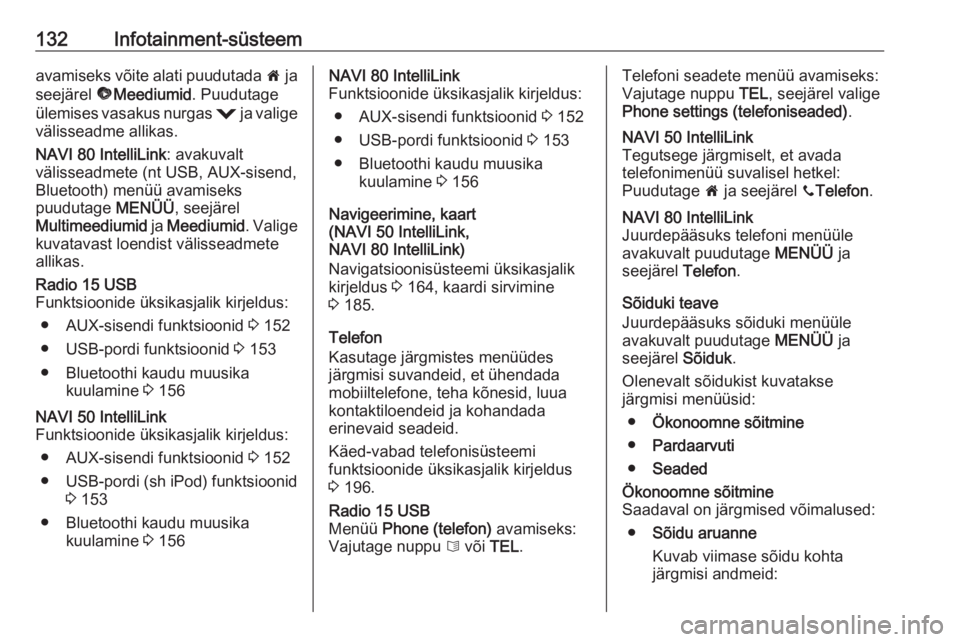 OPEL MOVANO_B 2020  Omaniku käsiraamat (in Estonian) 132Infotainment-süsteemavamiseks võite alati puudutada 7 ja
seejärel  üMeediumid . Puudutage
ülemises vasakus nurgas  = ja valige
välisseadme allikas.
NAVI 80 IntelliLink : avakuvalt
välisseadm