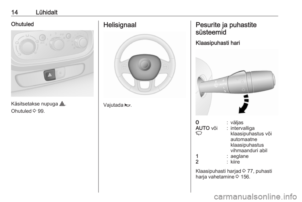 OPEL VIVARO B 2016.5  Omaniku käsiraamat (in Estonian) 14LühidaltOhutuled
Käsitsetakse nupuga ¨.
Ohutuled  3 99.
Helisignaal
Vajutada  j.
Pesurite ja puhastite
süsteemid
Klaasipuhasti hari7:väljasAUTO  või
K:intervalliga
klaasipuhastus või
automaat