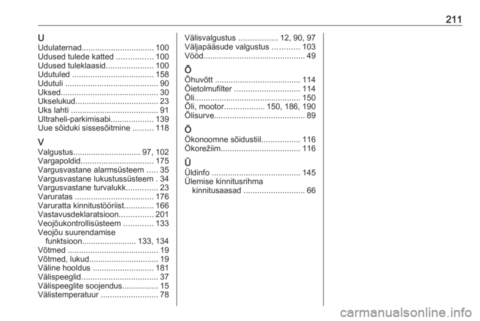 OPEL VIVARO B 2016.5  Omaniku käsiraamat (in Estonian) 211UUdulaternad ................................ 100
Udused tulede katted  ................100
Udused tuleklaasid .....................100
Udutuled  .................................... 158
Udutuli  .