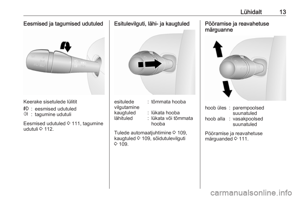 OPEL VIVARO B 2017.5  Omaniku käsiraamat (in Estonian) Lühidalt13Eesmised ja tagumised udutuled
Keerake sisetulede lülitit
>:eesmised udutuledø:tagumine udutuli
Eesmised udutuled 3 111, tagumine
udutuli  3 112.
Esitulevilguti, lähi- ja kaugtuledesitul