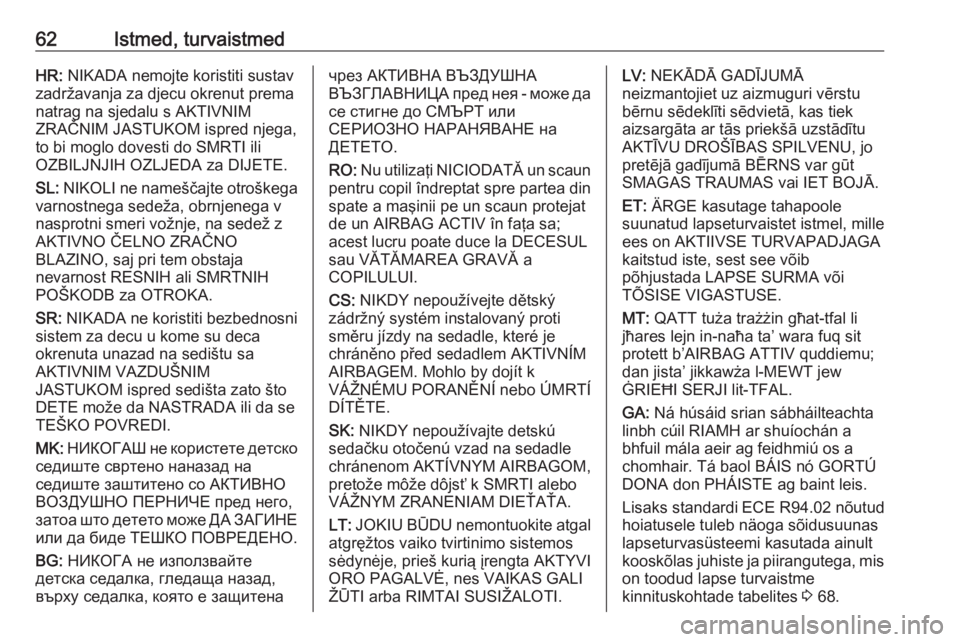 OPEL VIVARO B 2018  Omaniku käsiraamat (in Estonian) 62Istmed, turvaistmedHR: NIKADA nemojte koristiti sustav
zadržavanja za djecu okrenut prema
natrag na sjedalu s AKTIVNIM
ZRAČNIM JASTUKOM ispred njega,
to bi moglo dovesti do SMRTI ili
OZBILJNJIH OZ
