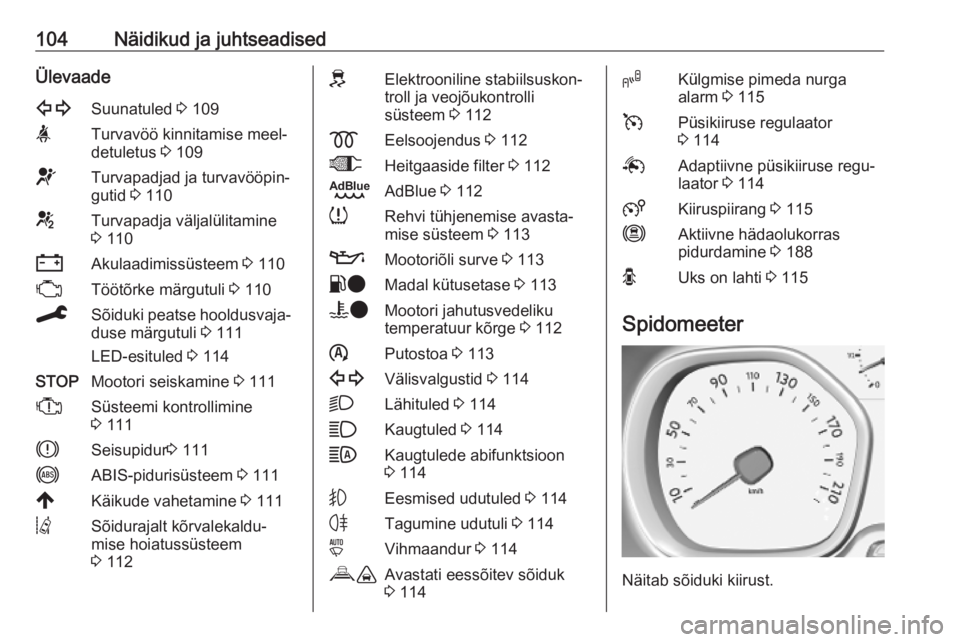 OPEL VIVARO C 2020 Omaniku käsiraamat (in Estonian) 104Näidikud ja juhtseadisedÜlevaade1Suunatuled 3 109aTurvavöö kinnitamise meel‐
detuletus 3 109dTurvapadjad ja turvavööpin‐
gutid 3 110eTurvapadja väljalülitamine
3 110SAkulaadimissüst OPEL VIVARO C 2020 Omaniku käsiraamat (in Estonian) 104Näidikud ja juhtseadisedÜlevaade1Suunatuled 3 109aTurvavöö kinnitamise meel‐
detuletus 3 109dTurvapadjad ja turvavööpin‐
gutid 3 110eTurvapadja väljalülitamine
3 110SAkulaadimissüst
