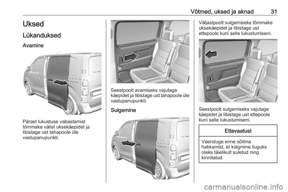OPEL VIVARO C 2020  Omaniku käsiraamat (in Estonian) Võtmed, uksed ja aknad31Uksed
Lükanduksed Avamine
Pärast lukustuse vabastamist
tõmmake välist uksekäepidet ja
libistage ust tahapoole üle
vastupanupunkti.
Seestpoolt avamiseks vajutage
käepide
