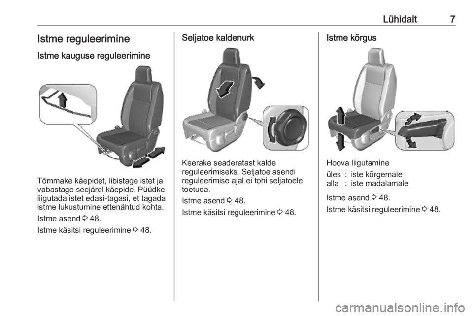 OPEL VIVARO C 2020  Omaniku käsiraamat (in Estonian) Lühidalt7Istme reguleerimine
Istme kauguse reguleerimine
Tõmmake käepidet, libistage istet ja
vabastage seejärel käepide. Püüdke
liigutada istet edasi-tagasi, et tagada
istme lukustumine etten�