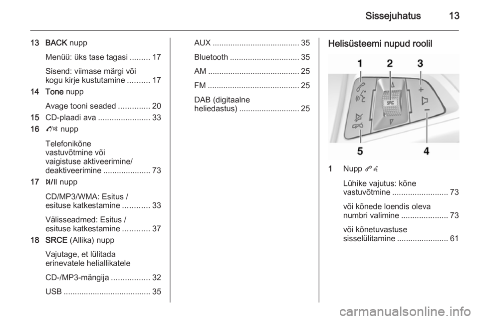 OPEL ZAFIRA C 2015  Infotainment-süsteemi juhend (in Estonian) Sissejuhatus13
13 BACK nupp
Menüü: üks tase tagasi .........17
Sisend: viimase märgi või
kogu kirje kustutamine ..........17
14 Tone  nupp
Avage tooni seaded ..............20
15 CD-plaadi ava ...