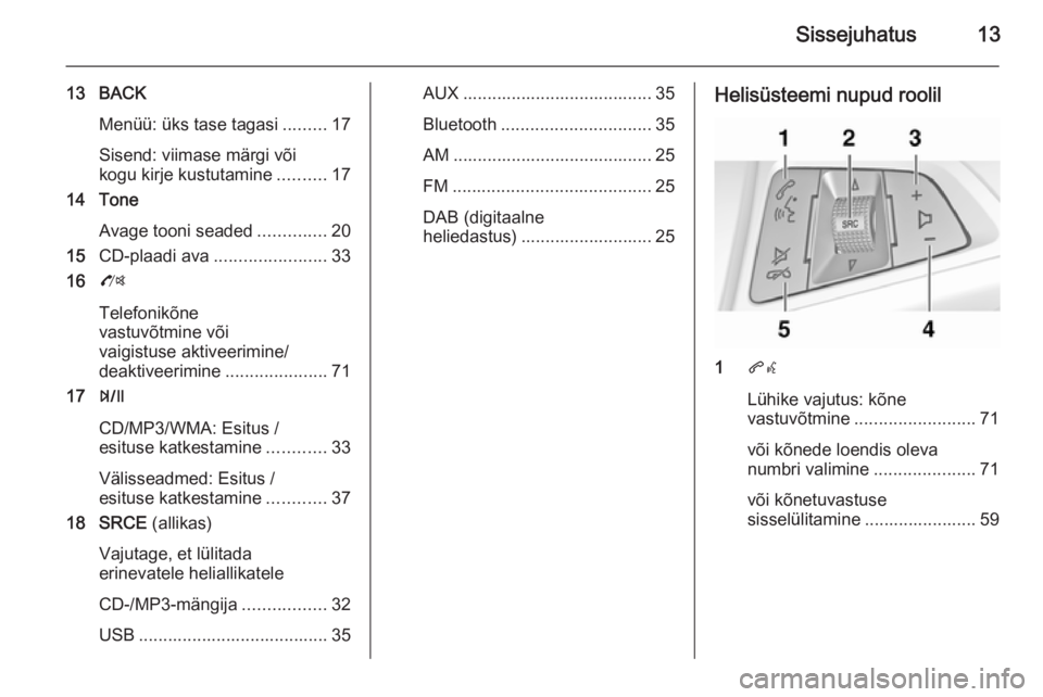 OPEL ZAFIRA C 2015.5  Infotainment-süsteemi juhend (in Estonian) Sissejuhatus13
13 BACKMenüü: üks tase tagasi .........17
Sisend: viimase märgi või
kogu kirje kustutamine ..........17
14 Tone
Avage tooni seaded ..............20
15 CD-plaadi ava ...............