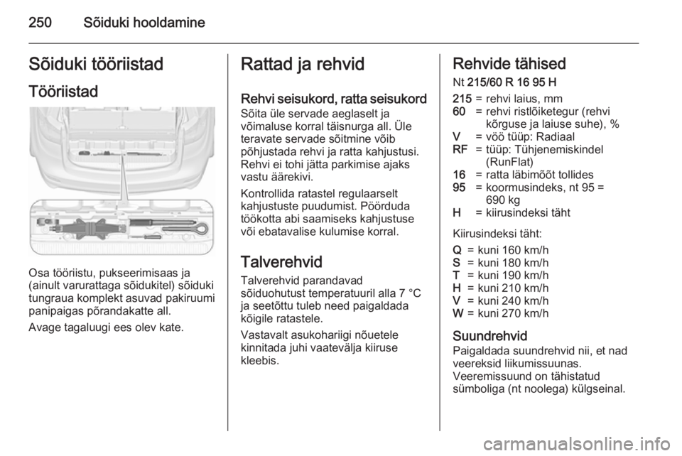OPEL ZAFIRA C 2015.5 Omaniku käsiraamat (in Estonian) 250Sõiduki hooldamineSõiduki tööriistad
Tööriistad
Osa tööriistu, pukseerimisaas ja
(ainult varurattaga sõidukitel) sõiduki
tungraua komplekt asuvad pakiruumi
panipaigas põrandakatte all.
A OPEL ZAFIRA C 2015.5 Omaniku käsiraamat (in Estonian) 250Sõiduki hooldamineSõiduki tööriistad
Tööriistad
Osa tööriistu, pukseerimisaas ja
(ainult varurattaga sõidukitel) sõiduki
tungraua komplekt asuvad pakiruumi
panipaigas põrandakatte all.
A