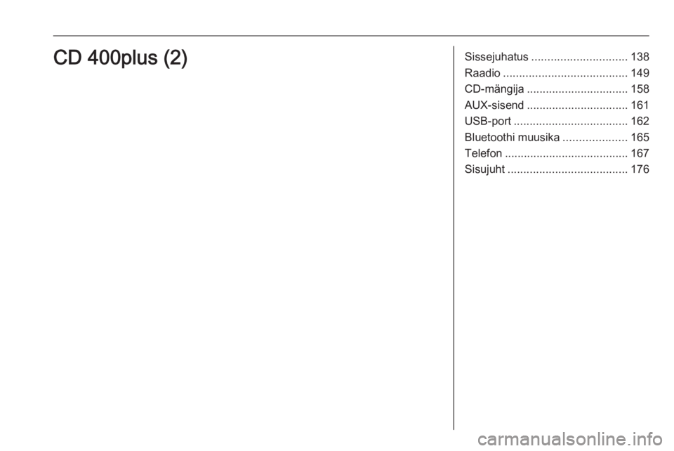 OPEL ZAFIRA C 2016 Infotainment-süsteemi juhend (in Estonian) Sissejuhatus.............................. 138
Raadio ....................................... 149
CD-mängija ................................ 158
AUX-sisend ................................ 161
USB-p OPEL ZAFIRA C 2016 Infotainment-süsteemi juhend (in Estonian) Sissejuhatus.............................. 138
Raadio ....................................... 149
CD-mängija ................................ 158
AUX-sisend ................................ 161
USB-p