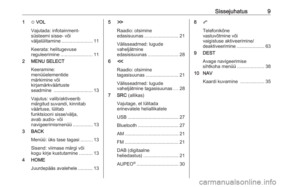 OPEL ZAFIRA C 2017  Infotainment-süsteemi juhend (in Estonian) Sissejuhatus91m VOL
Vajutada: infotainment-
süsteemi sisse- või
väljalülitamine ....................... 11
Keerata: helitugevuse
reguleerimine ........................ 11
2 MENU SELECT
Keeramine:
