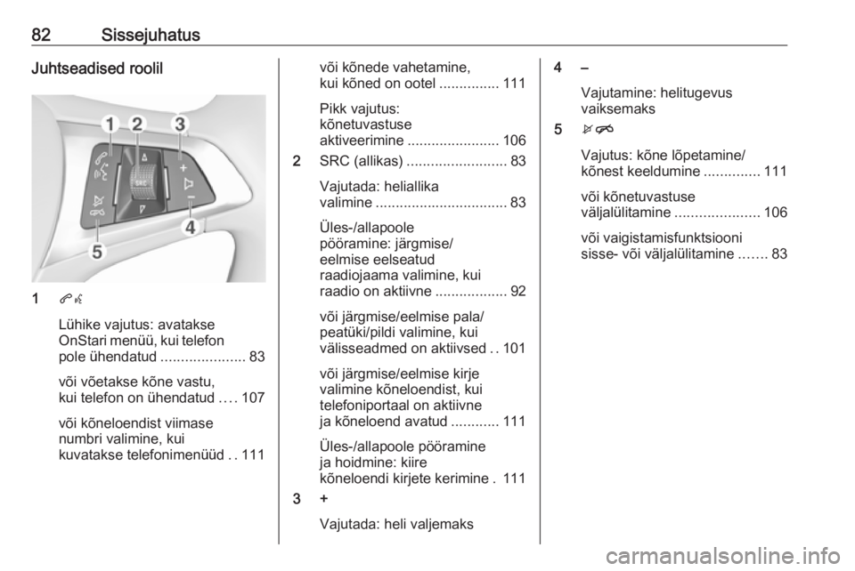 OPEL ZAFIRA C 2017  Infotainment-süsteemi juhend (in Estonian) 82SissejuhatusJuhtseadised roolil
1qw
Lühike vajutus: avatakse
OnStari menüü, kui telefon
pole ühendatud .....................83
või võetakse kõne vastu,
kui telefon on ühendatud ....107
või 