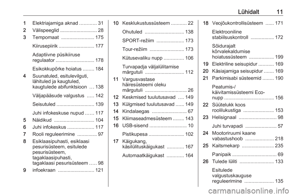 OPEL ZAFIRA C 2017.25 Omaniku käsiraamat (in Estonian) Lühidalt111Elektriajamiga aknad ............31
2 Välispeeglid ........................... 28
3 Tempomaat ........................ 175
Kiirusepiirik .......................... 177
Adaptiivne püsiki OPEL ZAFIRA C 2017.25 Omaniku käsiraamat (in Estonian) Lühidalt111Elektriajamiga aknad ............31
2 Välispeeglid ........................... 28
3 Tempomaat ........................ 175
Kiirusepiirik .......................... 177
Adaptiivne püsiki