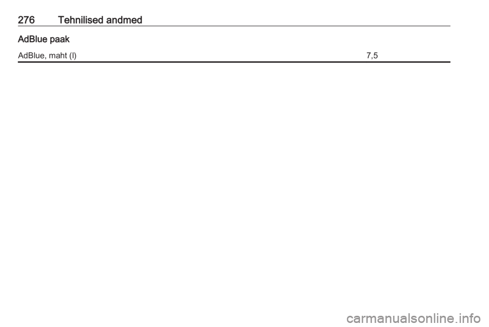OPEL ZAFIRA C 2017.25  Omaniku käsiraamat (in Estonian) 276Tehnilised andmedAdBlue paakAdBlue, maht (l)7,5 