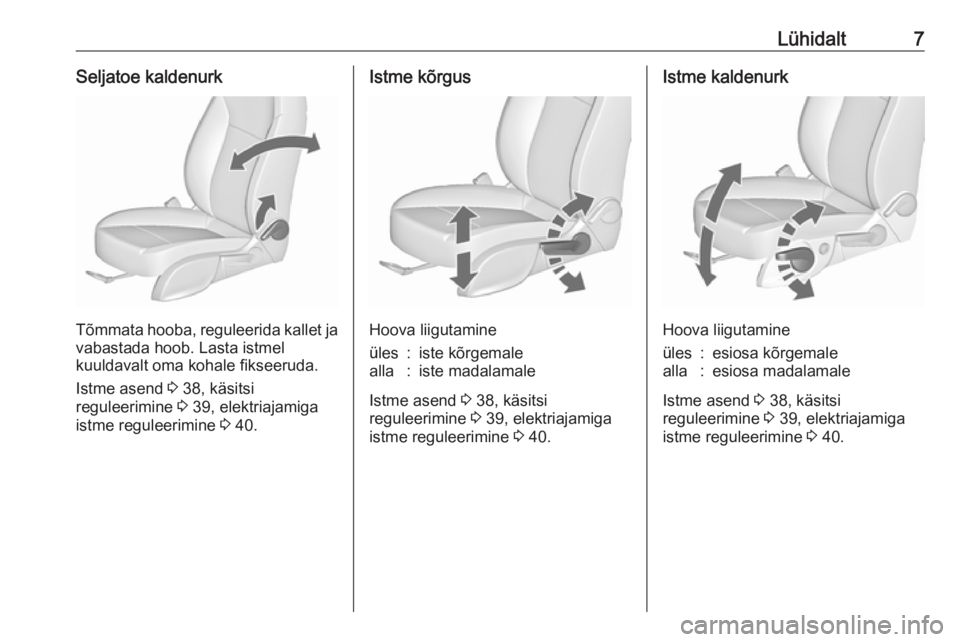 OPEL ZAFIRA C 2017.25  Omaniku käsiraamat (in Estonian) Lühidalt7Seljatoe kaldenurk
Tõmmata hooba, reguleerida kallet ja
vabastada hoob. Lasta istmel
kuuldavalt oma kohale fikseeruda.
Istme asend  3 38, käsitsi
reguleerimine  3 39, elektriajamiga
istme 