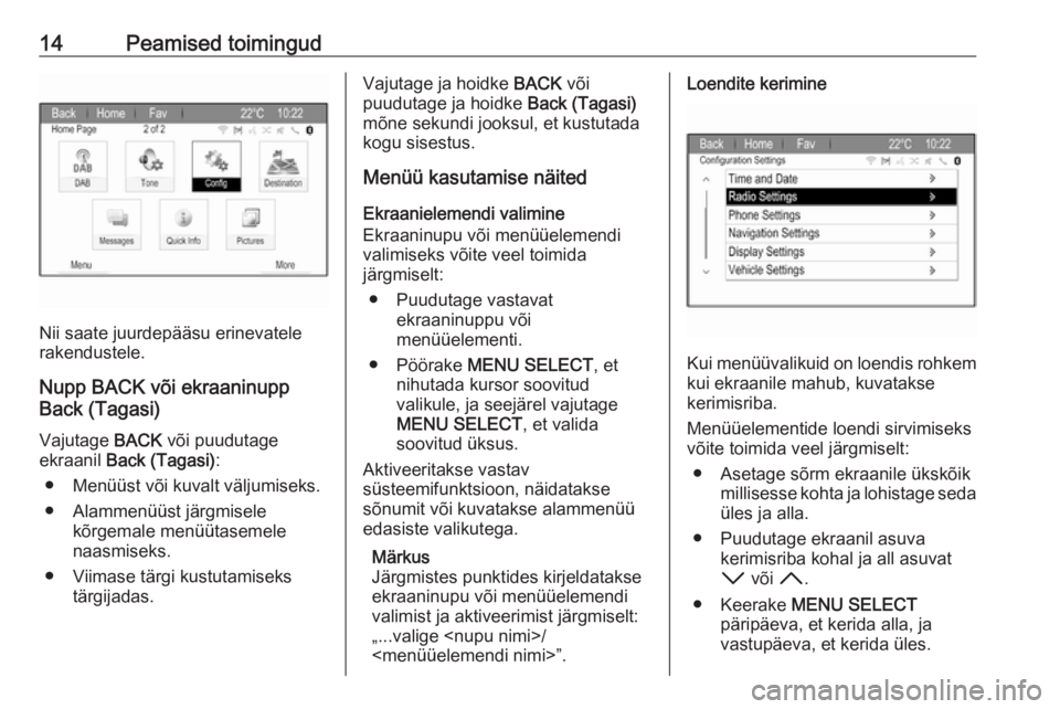 OPEL ZAFIRA C 2017.5  Infotainment-süsteemi juhend (in Estonian) 14Peamised toimingud
Nii saate juurdepääsu erinevatele
rakendustele.
Nupp BACK või ekraaninupp
Back (Tagasi)
Vajutage  BACK või puudutage
ekraanil  Back (Tagasi) :
● Menüüst või kuvalt välju