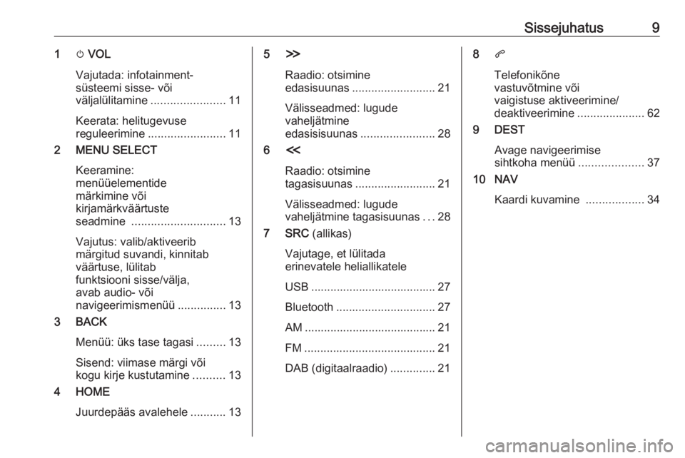 OPEL ZAFIRA C 2017.5  Infotainment-süsteemi juhend (in Estonian) Sissejuhatus91m VOL
Vajutada: infotainment-
süsteemi sisse- või
väljalülitamine ....................... 11
Keerata: helitugevuse
reguleerimine ........................ 11
2 MENU SELECT
Keeramine:
