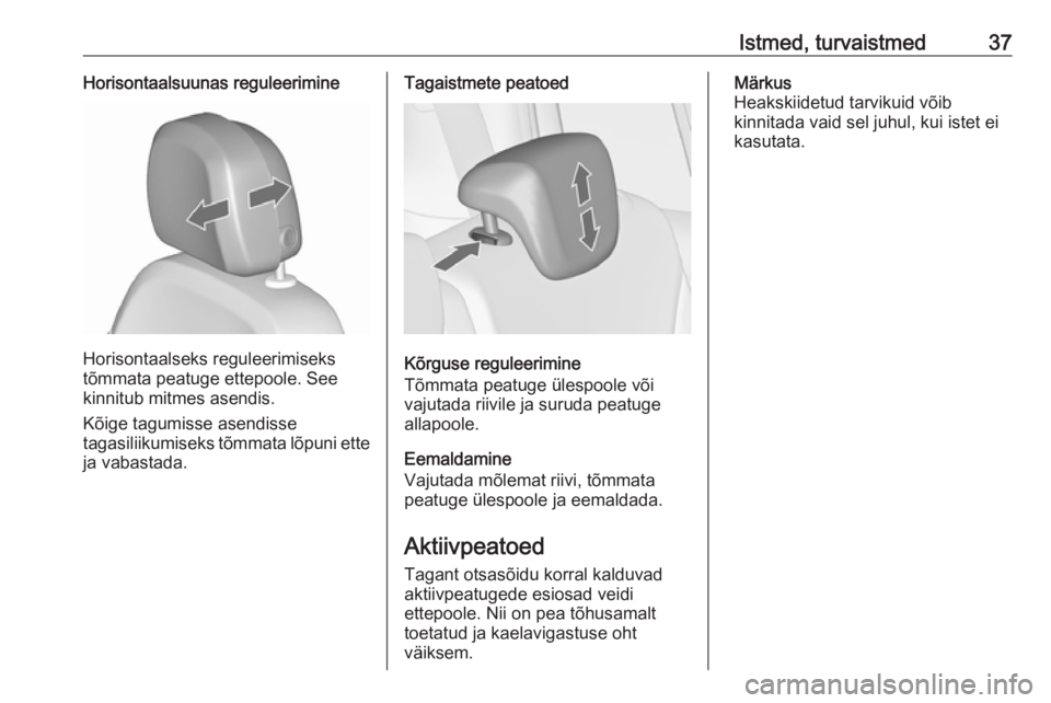 OPEL ZAFIRA C 2018  Omaniku käsiraamat (in Estonian) Istmed, turvaistmed37Horisontaalsuunas reguleerimine
Horisontaalseks reguleerimiseks
tõmmata peatuge ettepoole. See
kinnitub mitmes asendis.
Kõige tagumisse asendisse
tagasiliikumiseks tõmmata lõp