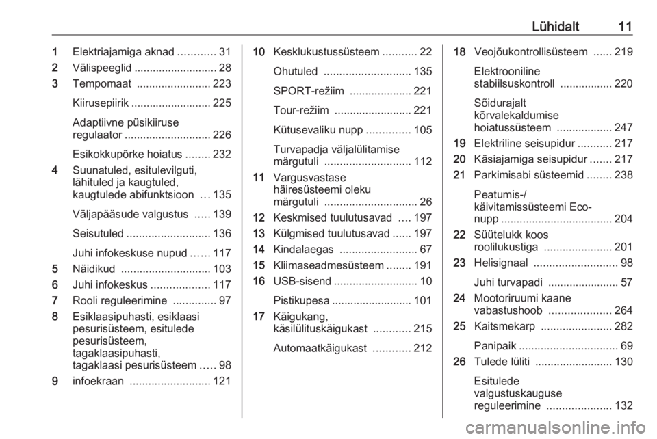 OPEL ZAFIRA C 2018.5  Omaniku käsiraamat (in Estonian) Lühidalt111Elektriajamiga aknad ............31
2 Välispeeglid ........................... 28
3 Tempomaat  ........................ 223
Kiirusepiirik .......................... 225
Adaptiivne püsiki