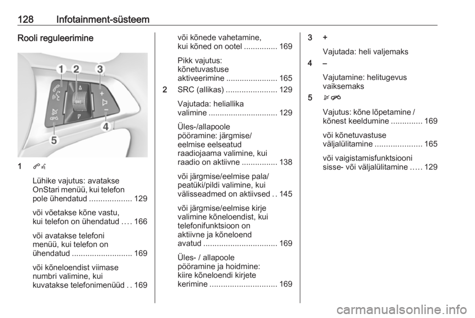 OPEL ZAFIRA C 2019  Omaniku käsiraamat (in Estonian) 128Infotainment-süsteemRooli reguleerimine
1qw
Lühike vajutus: avatakse
OnStari menüü, kui telefon
pole ühendatud ...................129
või võetakse kõne vastu,
kui telefon on ühendatud ....