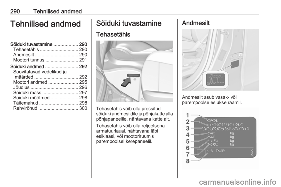 OPEL ZAFIRA C 2019  Omaniku käsiraamat (in Estonian) 290Tehnilised andmedTehnilised andmedSõiduki tuvastamine..................290
Tehasetähis ............................. 290
Andmesilt ................................. 290
Mootori tunnus ...........
