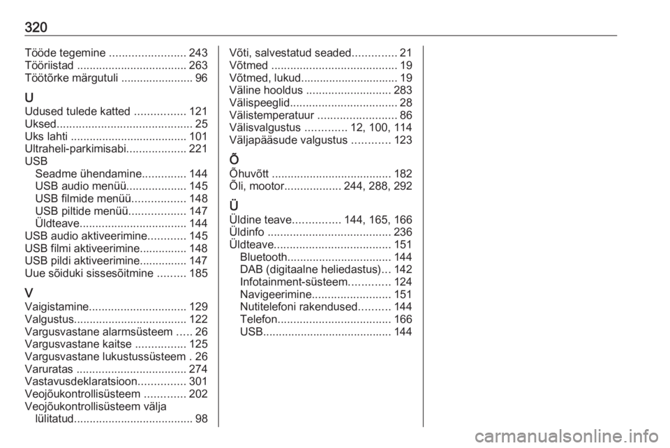 OPEL ZAFIRA C 2019  Omaniku käsiraamat (in Estonian) 320Tööde tegemine ........................243
Tööriistad  ................................... 263
Töötõrke märgutuli ....................... 96
U
Udused tulede katted  ................121
Ukse