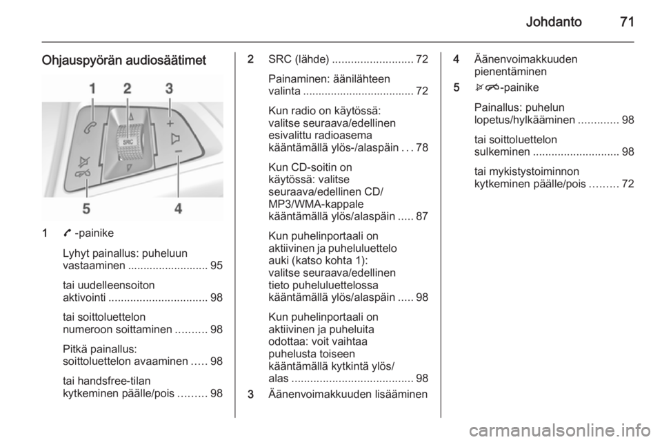 OPEL ADAM 2014.5 Infotainment-ohjekirja (in Finnish) Johdanto71
Ohjauspyörän audiosäätimet
17 -painike
Lyhyt painallus: puheluun
vastaaminen .......................... 95
tai uudelleensoiton
aktivointi ................................ 98
tai soittol OPEL ADAM 2014.5 Infotainment-ohjekirja (in Finnish) Johdanto71
Ohjauspyörän audiosäätimet
17 -painike
Lyhyt painallus: puheluun
vastaaminen .......................... 95
tai uudelleensoiton
aktivointi ................................ 98
tai soittol