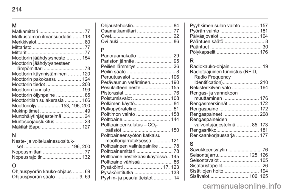 OPEL ADAM 2014.5  Infotainment-ohjekirja (in Finnish) 214
MMatkamittari  ................................. 77
Matkustamon ilmansuodatin  ......118
Merkkivalot ................................... 80
Mittaristo  ...................................... 77
Mi