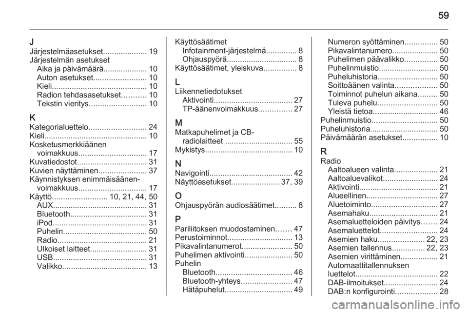 OPEL ADAM 2015  Infotainment-ohjekirja (in Finnish) 59
J
Järjestelmäasetukset ....................19
Järjestelmän asetukset Aika ja päivämäärä.................... 10
Auton asetukset ........................10
Kieli ............................