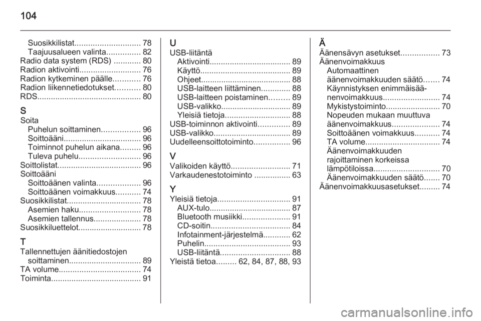 OPEL ADAM 2015.5  Infotainment-ohjekirja (in Finnish) 104
Suosikkilistat............................. 78
Taajuusalueen valinta ...............82
Radio data system (RDS)  ............80
Radion aktivointi ........................... 76
Radion kytkeminen p�