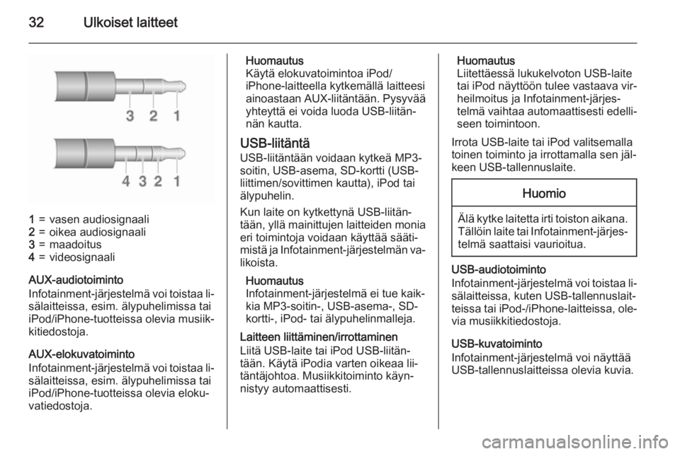 OPEL ADAM 2015.5  Infotainment-ohjekirja (in Finnish) 32Ulkoiset laitteet
1=vasen audiosignaali2=oikea audiosignaali3=maadoitus4=videosignaali
AUX-audiotoiminto
Infotainment-järjestelmä voi toistaa li‐ sälaitteissa, esim. älypuhelimissa tai
iPod/iP