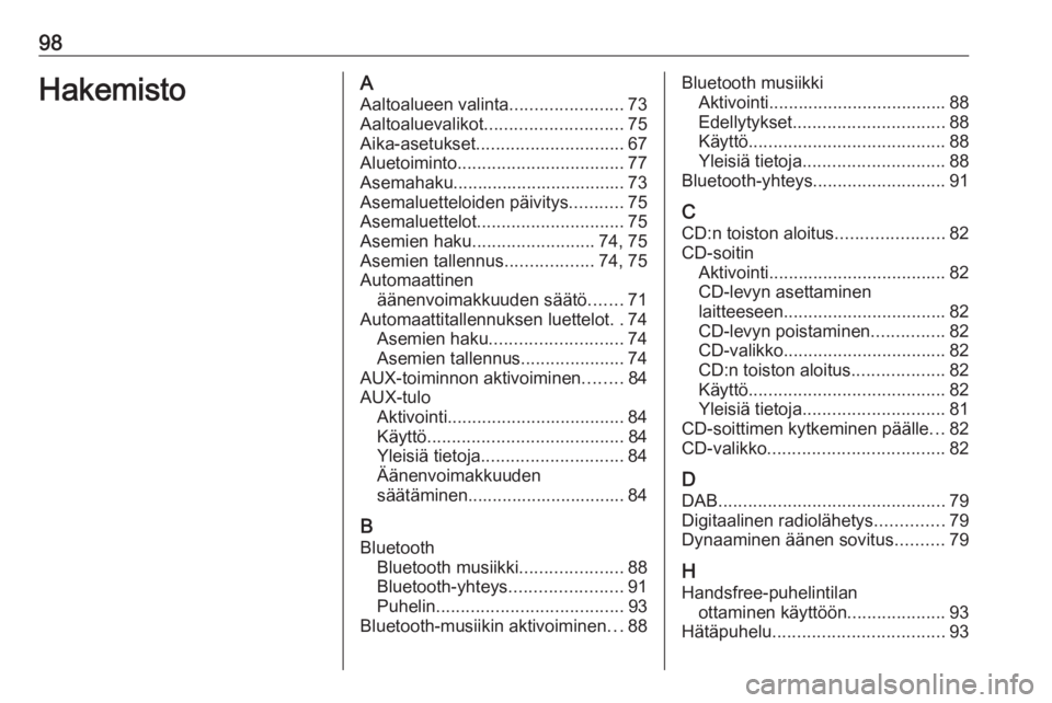OPEL ADAM 2016  Infotainment-ohjekirja (in Finnish) 98HakemistoAAaltoalueen valinta .......................73
Aaltoaluevalikot ............................ 75
Aika-asetukset .............................. 67
Aluetoiminto ...............................