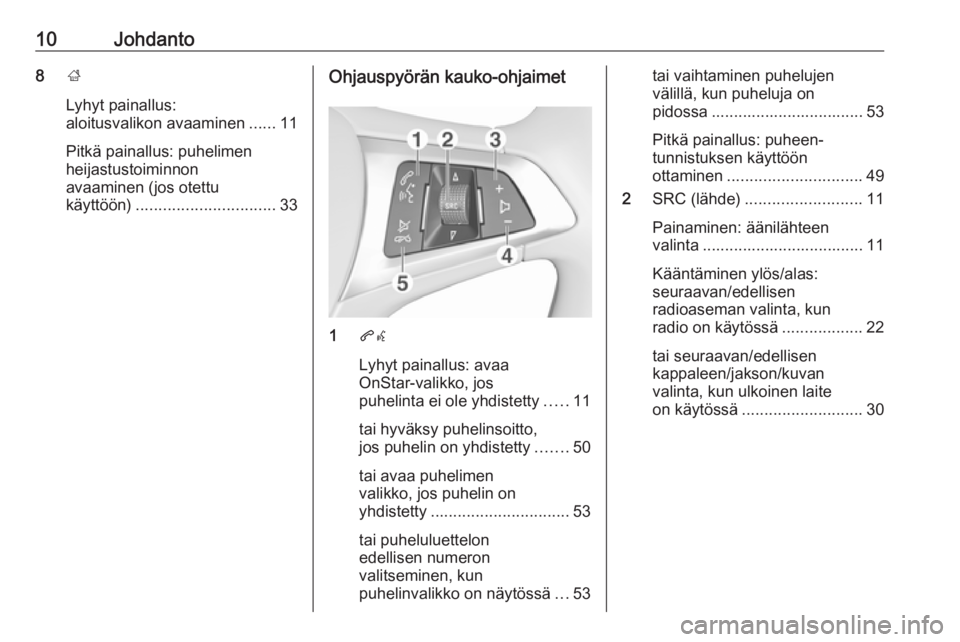 OPEL ADAM 2017.5  Infotainment-ohjekirja (in Finnish) 10Johdanto8;
Lyhyt painallus:
aloitusvalikon avaaminen ......11
Pitkä painallus: puhelimen
heijastustoiminnon
avaaminen (jos otettu
käyttöön) ............................... 33Ohjauspyörän kauko