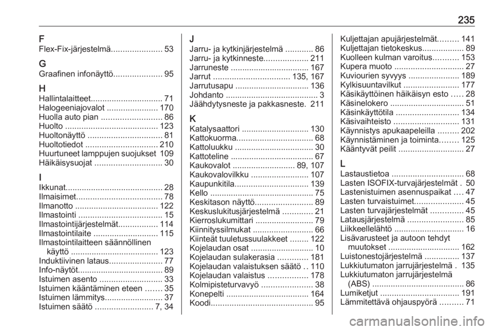 OPEL ADAM 2017.5  Ohjekirja (in Finnish) 235F
Flex-Fix-järjestelmä ......................53
G Graafinen infonäyttö .....................95
H
Hallintalaitteet ............................... 71
Halogeeniajovalot  ......................170