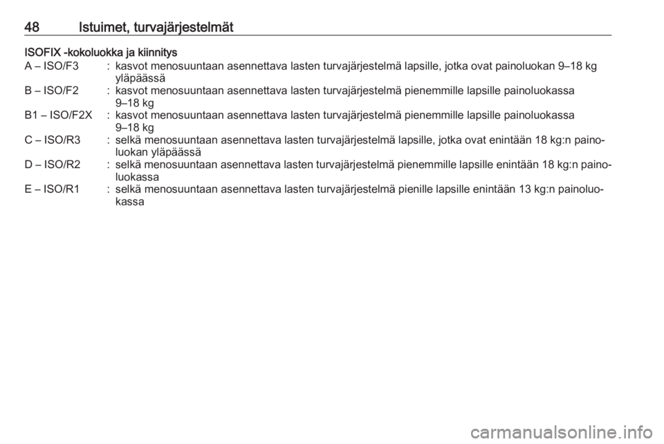 OPEL ADAM 2019  Ohjekirja (in Finnish) 48Istuimet, turvajärjestelmätISOFIX -kokoluokka ja kiinnitysA – ISO/F3:kasvot menosuuntaan asennettava lasten turvajärjestelmä lapsille, jotka ovat painoluokan 9–18 kg
yläpäässäB – ISO/F