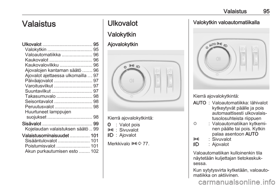 OPEL ADAM 2019 Ohjekirja (in Finnish) Valaistus95ValaistusUlkovalot...................................... 95
Valokytkin .................................. 95
Valoautomatiikka .......................96
Kaukovalot .......................... OPEL ADAM 2019 Ohjekirja (in Finnish) Valaistus95ValaistusUlkovalot...................................... 95
Valokytkin .................................. 95
Valoautomatiikka .......................96
Kaukovalot ..........................