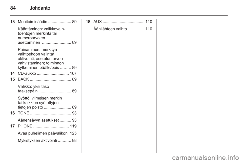 OPEL ASTRA J 2014.5  Infotainment-ohjekirja (in Finnish) 84Johdanto
13Monitoimisäädin ....................89
Kääntäminen: valikkovaih‐ toehtojen merkintä tai
numeroarvojen
asettaminen  ......................... 89
Painaminen: merkityn
vaihtoehdon va
