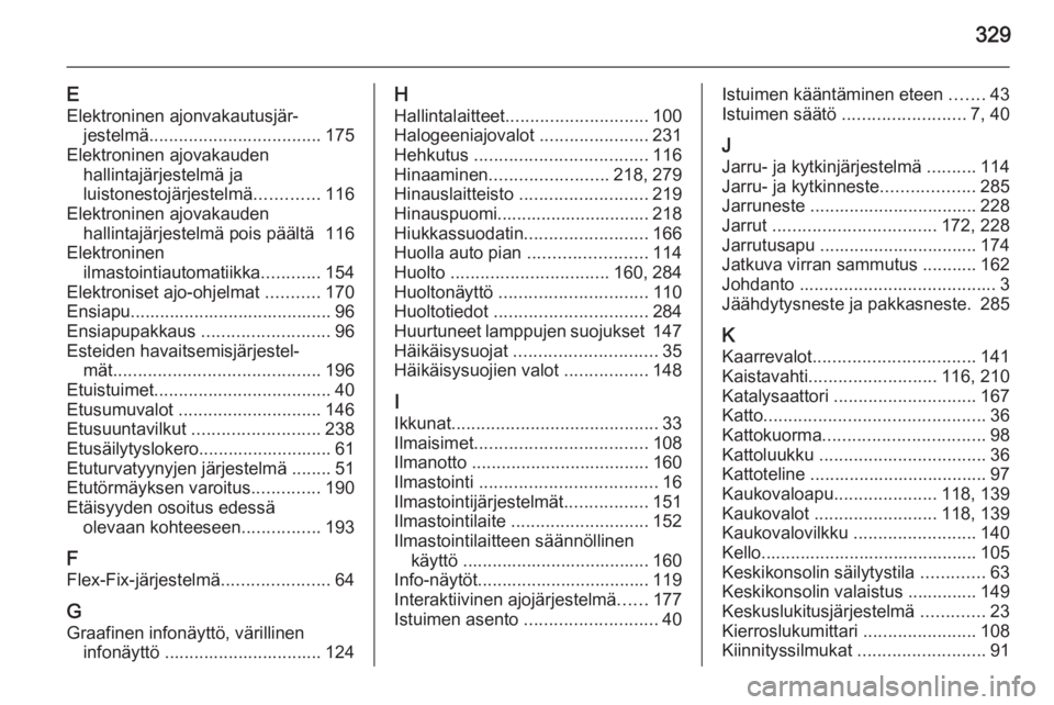 OPEL ASTRA J 2015  Ohjekirja (in Finnish) 329
EElektroninen ajonvakautusjär‐ jestelmä ................................... 175
Elektroninen ajovakauden hallintajärjestelmä ja
luistonestojärjestelmä .............116
Elektroninen ajovaka