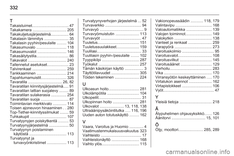 OPEL ASTRA J 2015  Ohjekirja (in Finnish) 332
T
Takaistuimet ................................. 47
Takakamera ............................... 205
Takakuljetusjärjestelmä ................64
Takalasin lämmitys  ......................35
Takala