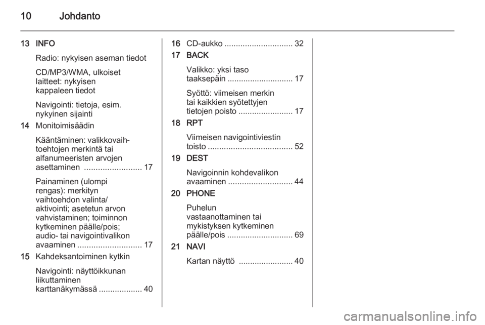 OPEL ASTRA J 2015.5  Infotainment-ohjekirja (in Finnish) 10Johdanto
13 INFORadio: nykyisen aseman tiedotCD/MP3/WMA, ulkoiset
laitteet: nykyisen
kappaleen tiedot
Navigointi: tietoja, esim.
nykyinen sijainti
14 Monitoimisäädin
Kääntäminen: valikkovaih‐