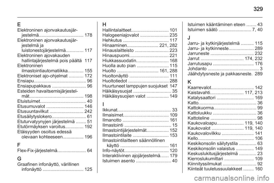 OPEL ASTRA J 2015.5 Ohjekirja (in Finnish) 329
EElektroninen ajonvakautusjär‐ jestelmä ................................... 178
Elektroninen ajonvakautusjär‐ jestelmä ja
luistonestojärjestelmä .............117
Elektroninen ajovakauden OPEL ASTRA J 2015.5 Ohjekirja (in Finnish) 329
EElektroninen ajonvakautusjär‐ jestelmä ................................... 178
Elektroninen ajonvakautusjär‐ jestelmä ja
luistonestojärjestelmä .............117
Elektroninen ajovakauden