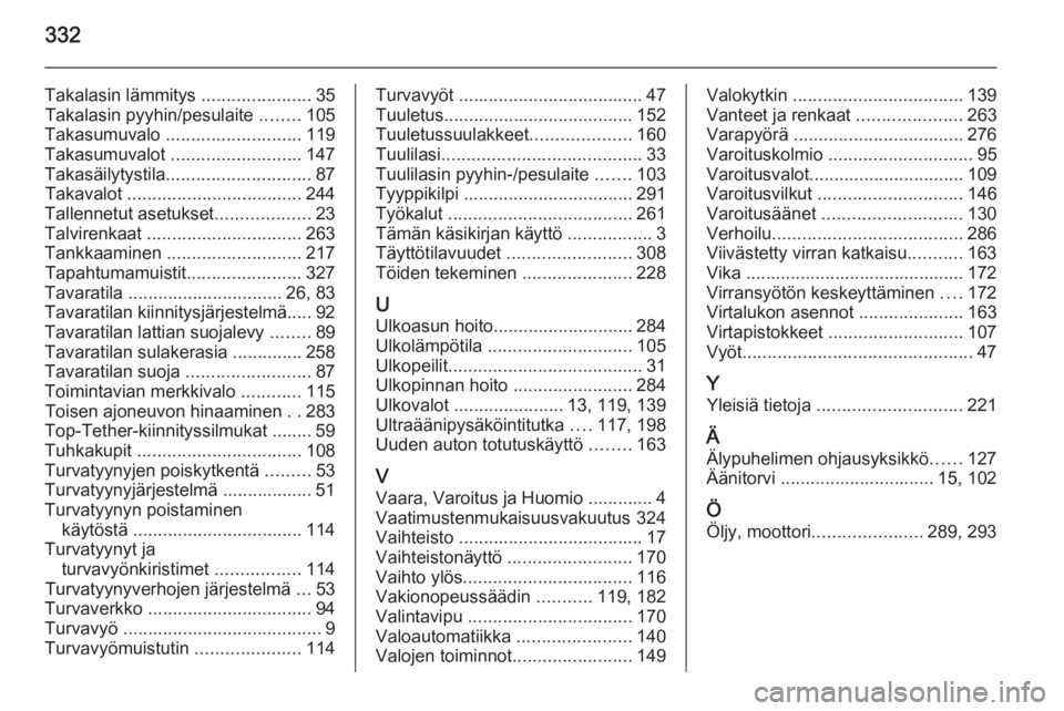 OPEL ASTRA J 2015.75  Ohjekirja (in Finnish) 332
Takalasin lämmitys ......................35
Takalasin pyyhin/pesulaite  ........105
Takasumuvalo  ........................... 119
Takasumuvalot  .......................... 147
Takasäilytystila .