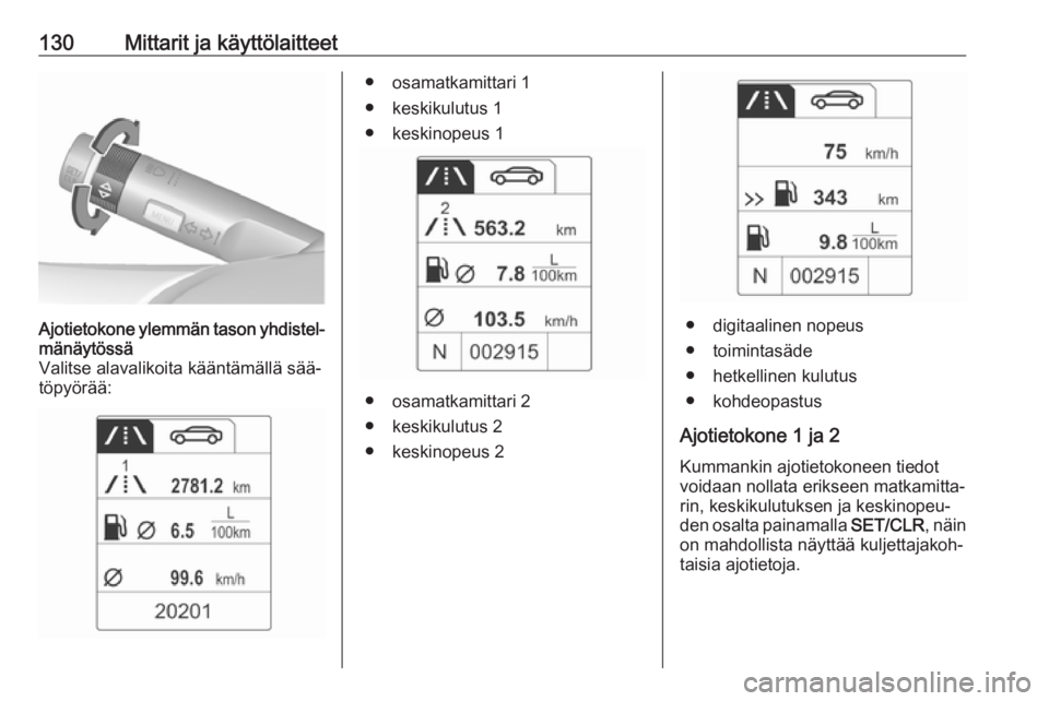 OPEL ASTRA J 2016 Ohjekirja (in Finnish) 130Mittarit ja käyttölaitteetAjotietokone ylemmän tason yhdistel‐
mänäytössä
Valitse alavalikoita kääntämällä sää‐
töpyörää:● osamatkamittari 1
● keskikulutus 1 ● keskinope OPEL ASTRA J 2016 Ohjekirja (in Finnish) 130Mittarit ja käyttölaitteetAjotietokone ylemmän tason yhdistel‐
mänäytössä
Valitse alavalikoita kääntämällä sää‐
töpyörää:● osamatkamittari 1
● keskikulutus 1 ● keskinope