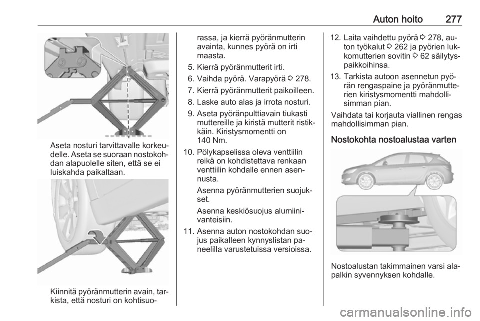 OPEL ASTRA J 2016.5 Ohjekirja (in Finnish) Auton hoito277
Aseta nosturi tarvittavalle korkeu‐
delle. Aseta se suoraan nostokoh‐
dan alapuolelle siten, että se ei
luiskahda paikaltaan.
Kiinnitä pyöränmutterin avain, tar‐
kista, että OPEL ASTRA J 2016.5 Ohjekirja (in Finnish) Auton hoito277
Aseta nosturi tarvittavalle korkeu‐
delle. Aseta se suoraan nostokoh‐
dan alapuolelle siten, että se ei
luiskahda paikaltaan.
Kiinnitä pyöränmutterin avain, tar‐
kista, että