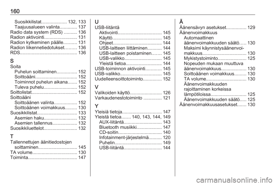 OPEL ASTRA J 2017  Infotainment-ohjekirja (in Finnish) 160Suosikkilistat...................132, 133
Taajuusalueen valinta .............137
Radio data system (RDS)  ..........136
Radion aktivointi .........................131
Radion kytkeminen päälle ...