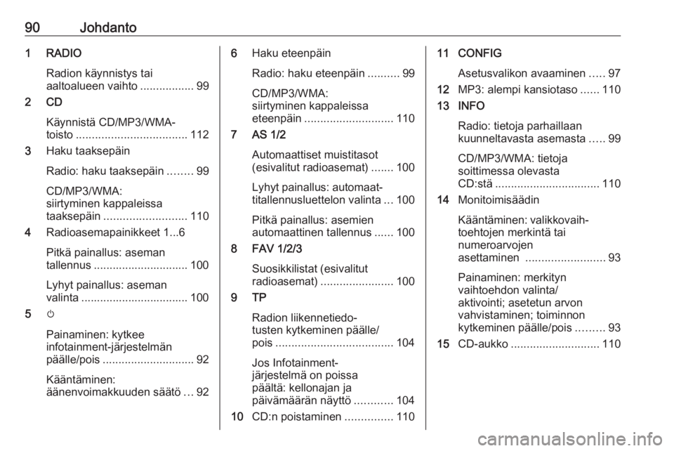 OPEL ASTRA J 2017 Infotainment-ohjekirja (in Finnish) 90Johdanto1 RADIORadion käynnistys tai
aaltoalueen vaihto .................99
2 CD
Käynnistä CD/MP3/WMA-
toisto ................................... 112
3 Haku taaksepäin
Radio: haku taaksepäin .. OPEL ASTRA J 2017 Infotainment-ohjekirja (in Finnish) 90Johdanto1 RADIORadion käynnistys tai
aaltoalueen vaihto .................99
2 CD
Käynnistä CD/MP3/WMA-
toisto ................................... 112
3 Haku taaksepäin
Radio: haku taaksepäin ..