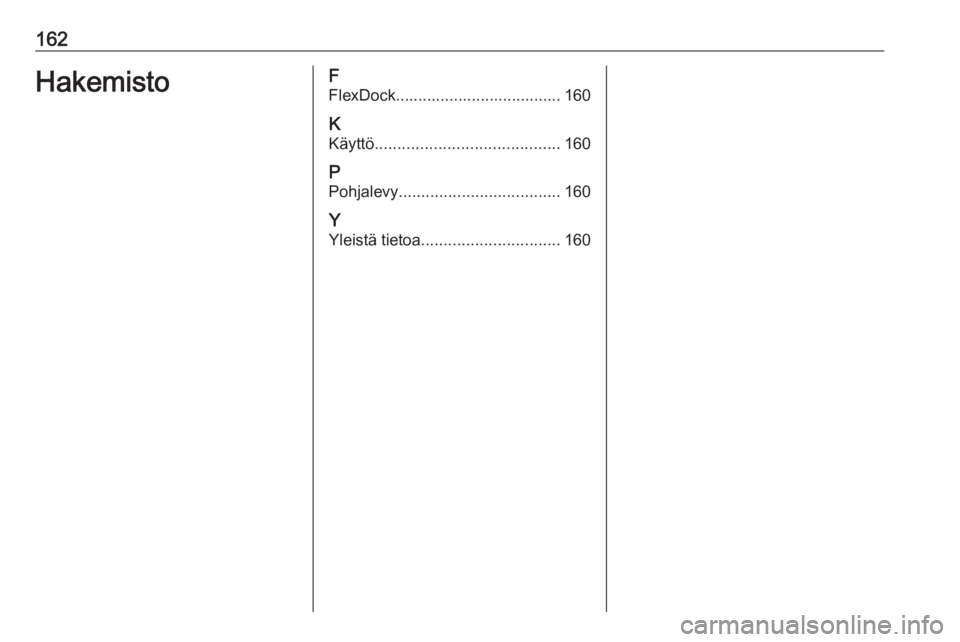 OPEL ASTRA J 2018  Infotainment-ohjekirja (in Finnish) 162HakemistoF
FlexDock..................................... 160
K Käyttö ......................................... 160
P Pohjalevy .................................... 160
Y Yleistä tietoa ........