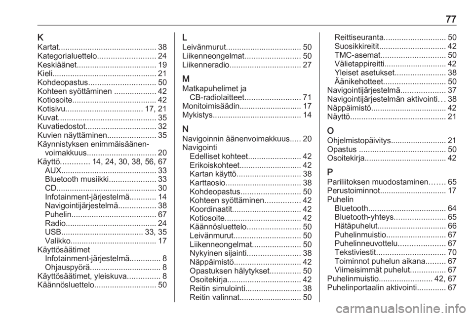 OPEL ASTRA J 2018 Infotainment-ohjekirja (in Finnish) 77KKartat ............................................ 38
Kategorialuettelo .......................... 24
Keskiäänet .................................... 19
Kieli ................................... OPEL ASTRA J 2018 Infotainment-ohjekirja (in Finnish) 77KKartat ............................................ 38
Kategorialuettelo .......................... 24
Keskiäänet .................................... 19
Kieli ...................................