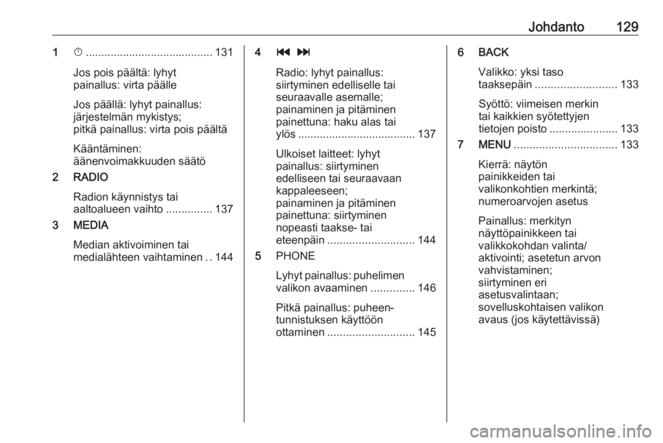 OPEL ASTRA K 2016  Infotainment-ohjekirja (in Finnish) Johdanto1291X......................................... 131
Jos pois päältä: lyhyt
painallus: virta päälle
Jos päällä: lyhyt painallus:
järjestelmän mykistys;
pitkä painallus: virta pois pä