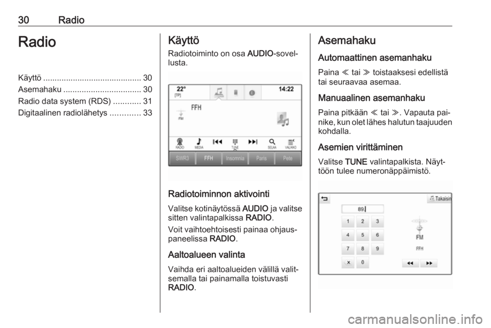 OPEL ASTRA K 2016  Infotainment-ohjekirja (in Finnish) 30RadioRadioKäyttö ........................................... 30
Asemahaku .................................. 30
Radio data system (RDS) ............31
Digitaalinen radiolähetys .............33Kä