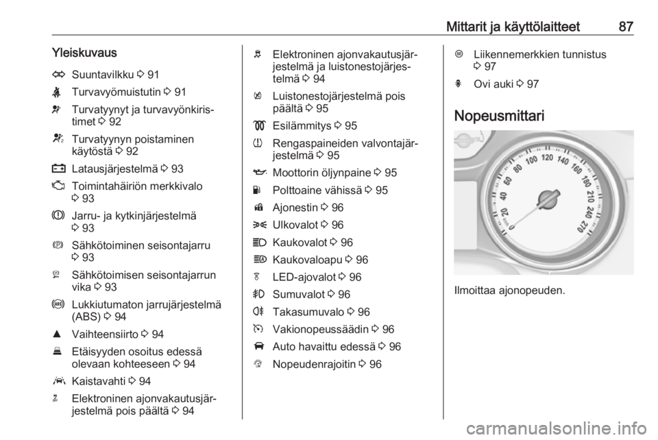 OPEL ASTRA K 2016  Ohjekirja (in Finnish) Mittarit ja käyttölaitteet87YleiskuvausOSuuntavilkku 3 91XTurvavyömuistutin  3 91vTurvatyynyt ja turvavyönkiris‐
timet  3 92VTurvatyynyn poistaminen
käytöstä  3 92pLatausjärjestelmä  3 93ZT