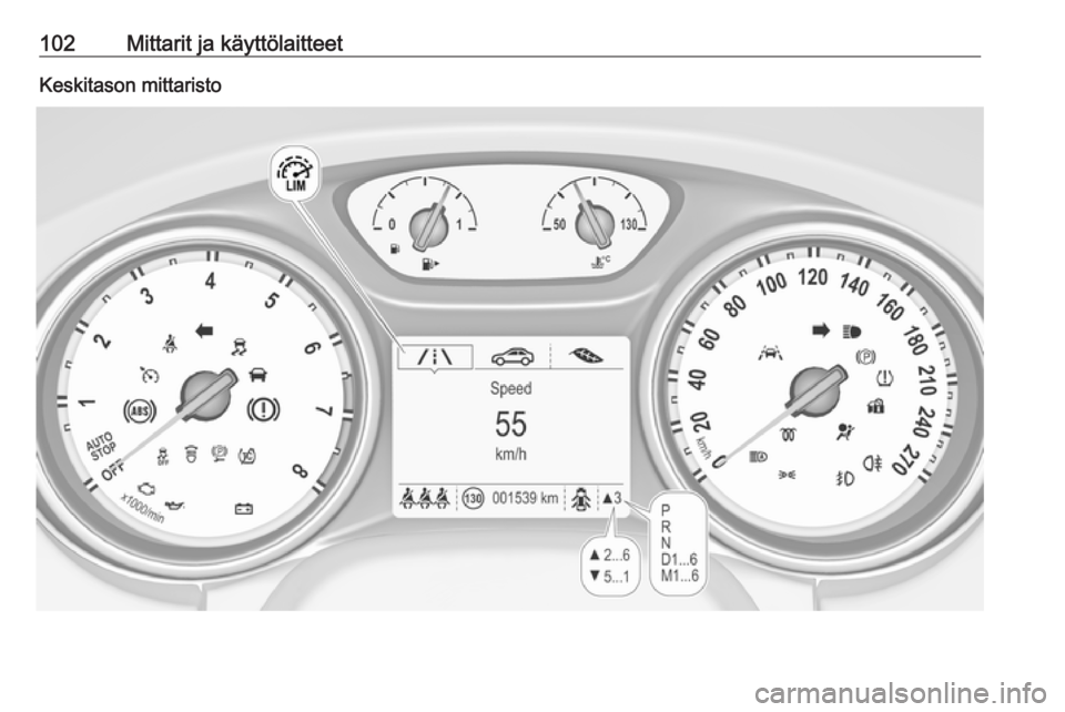 OPEL ASTRA K 2016.5  Ohjekirja (in Finnish) 102Mittarit ja käyttölaitteetKeskitason mittaristo 